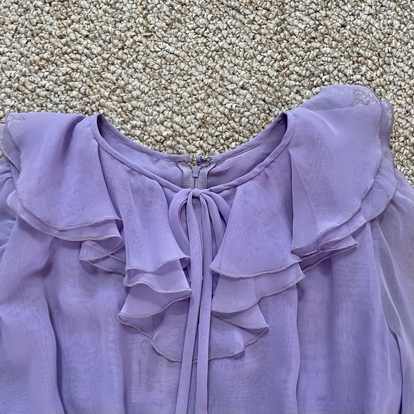 Vintage Miss Elliette purple ruffle midi dress with sheer sleeves and a tie belt - Picture 3 of 9